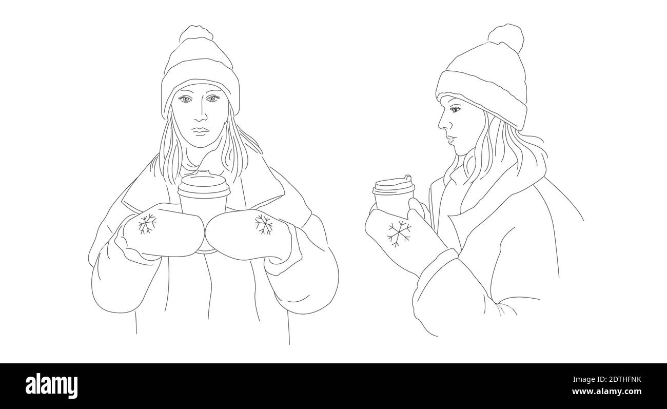 Bella ragazza che beve caffè caldo o tè. Illustrazione dello schizzo vettoriale, vista frontale e laterale Illustrazione Vettoriale