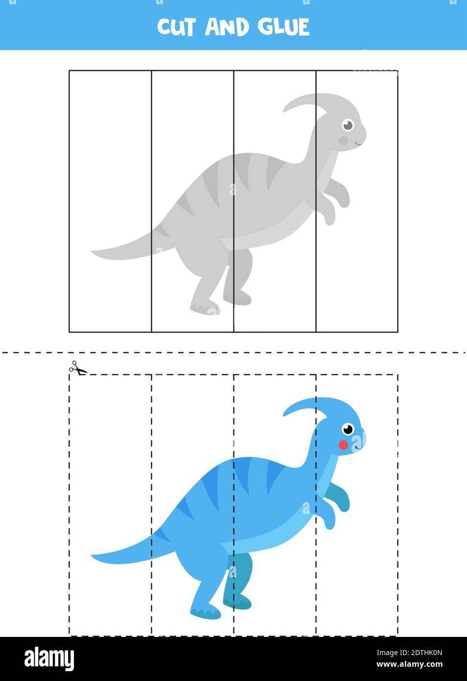 Taglia e colla gioco per bambini. Simpatico parasaurolofo di dinosauro blu. Pratica di taglio per i preschoolers. Foglio di lavoro didattico per bambini. Illustrazione Vettoriale