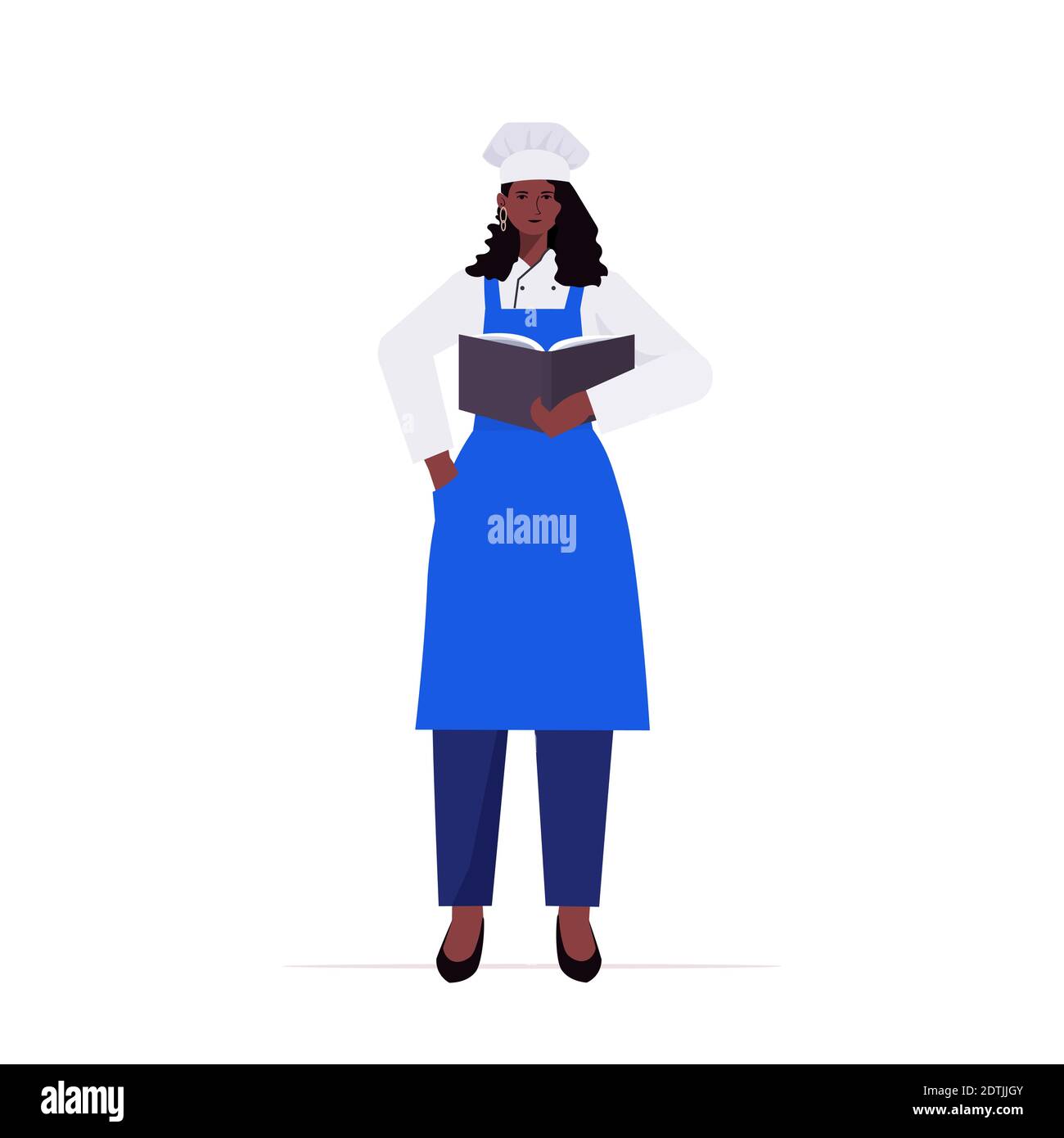 cuoca in uniforme african american chef donna che tiene la ricetta libro cucina industria alimentare concetto professionale ristorante lavoratore cucina pieno illustrazione del vettore lunghezza Illustrazione Vettoriale