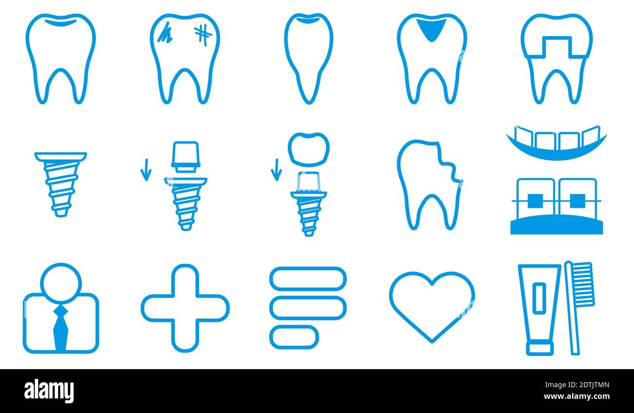 Set icone dentali. Simbolo linee blu sottili della collezione. Stile lineare delle icone. Illustrazione vettoriale. Illustrazione Vettoriale