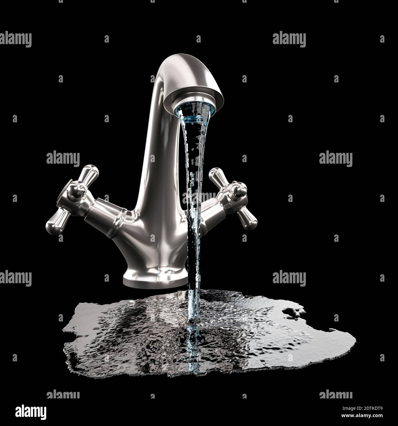 rubinetto in acciaio e acqua che scorre su nero. rendering 3d Foto Stock