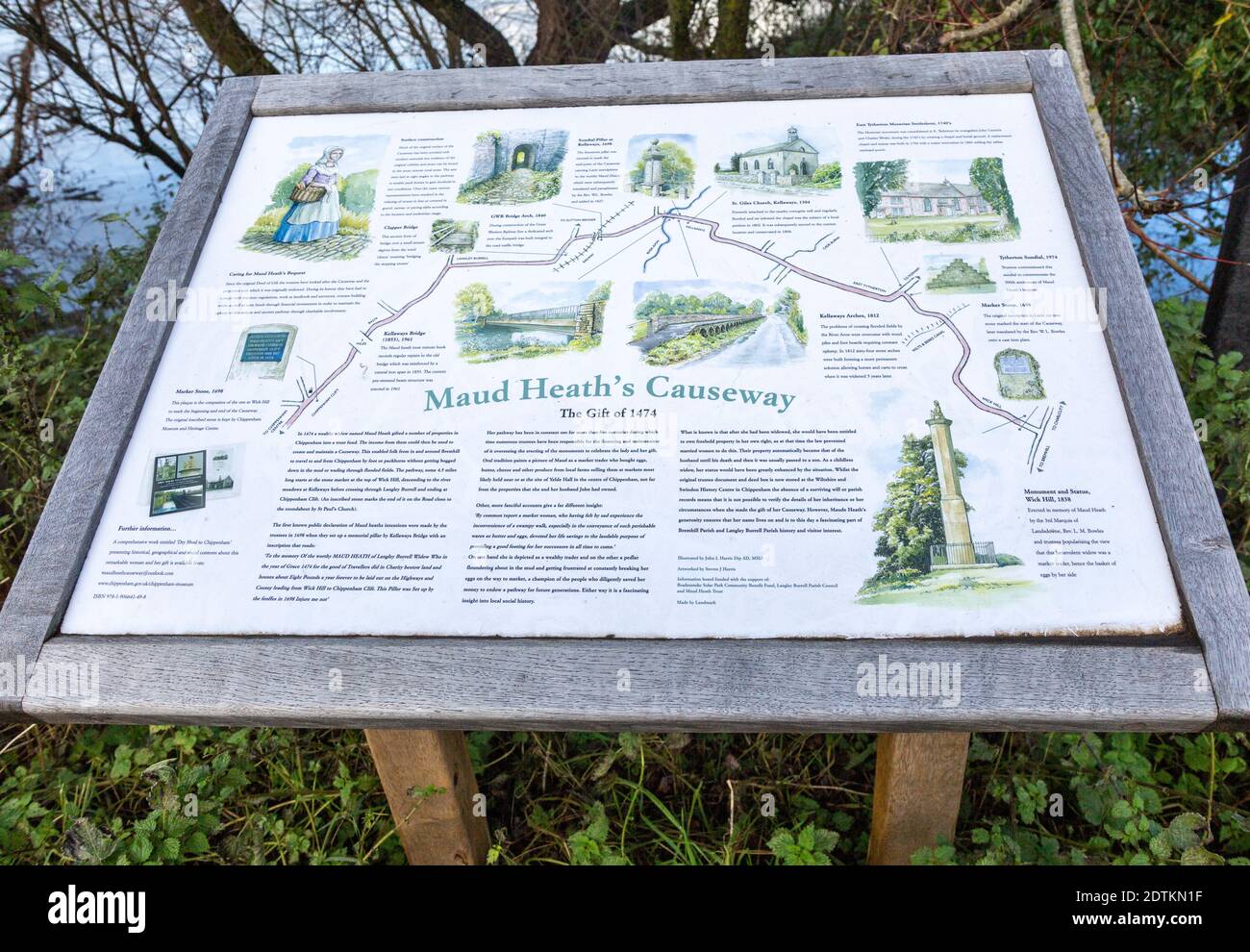 Avviso del consiglio di amministrazione di Maud Heath's Causeway, Kellayways bridge, Wiltshire, Inghilterra, Regno Unito Foto Stock