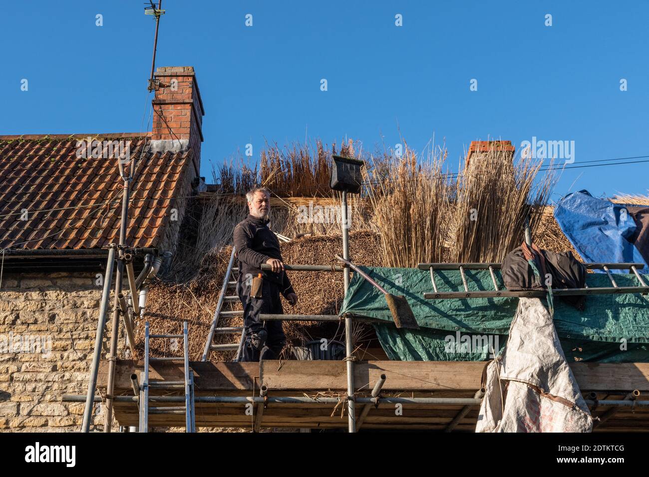 Thatcher lavorando su un tetto di paglia nel villaggio di Yardley Hastings, Northamptonshire, Regno Unito Foto Stock