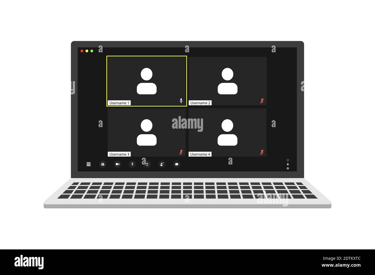 Interfaccia utente per videoconferenza su un computer portatile realistico, sovrapposizione delle finestre delle videochiamate in conferenza. Quattro utenti. Illustrazione Vettoriale