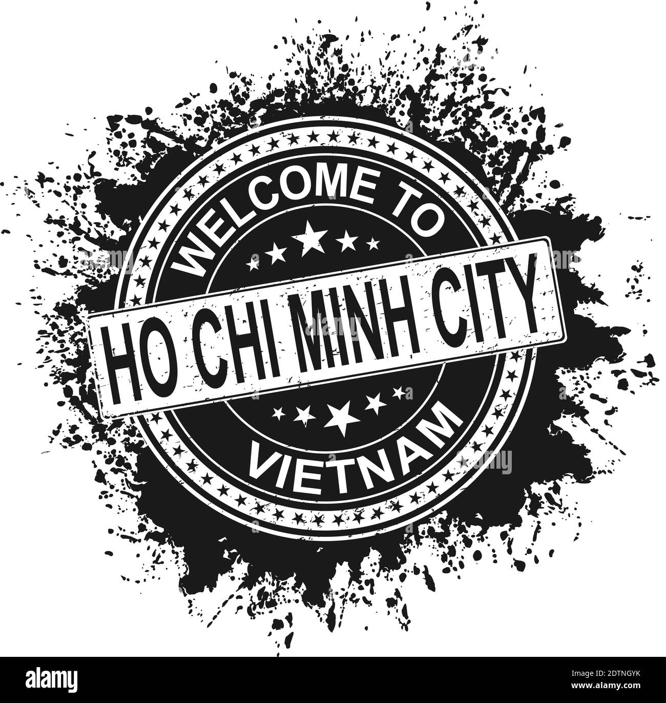 Francobollo rotondo in gomma con il nome della città ho Chi Minh e stelle, isolato su bianco Illustrazione Vettoriale