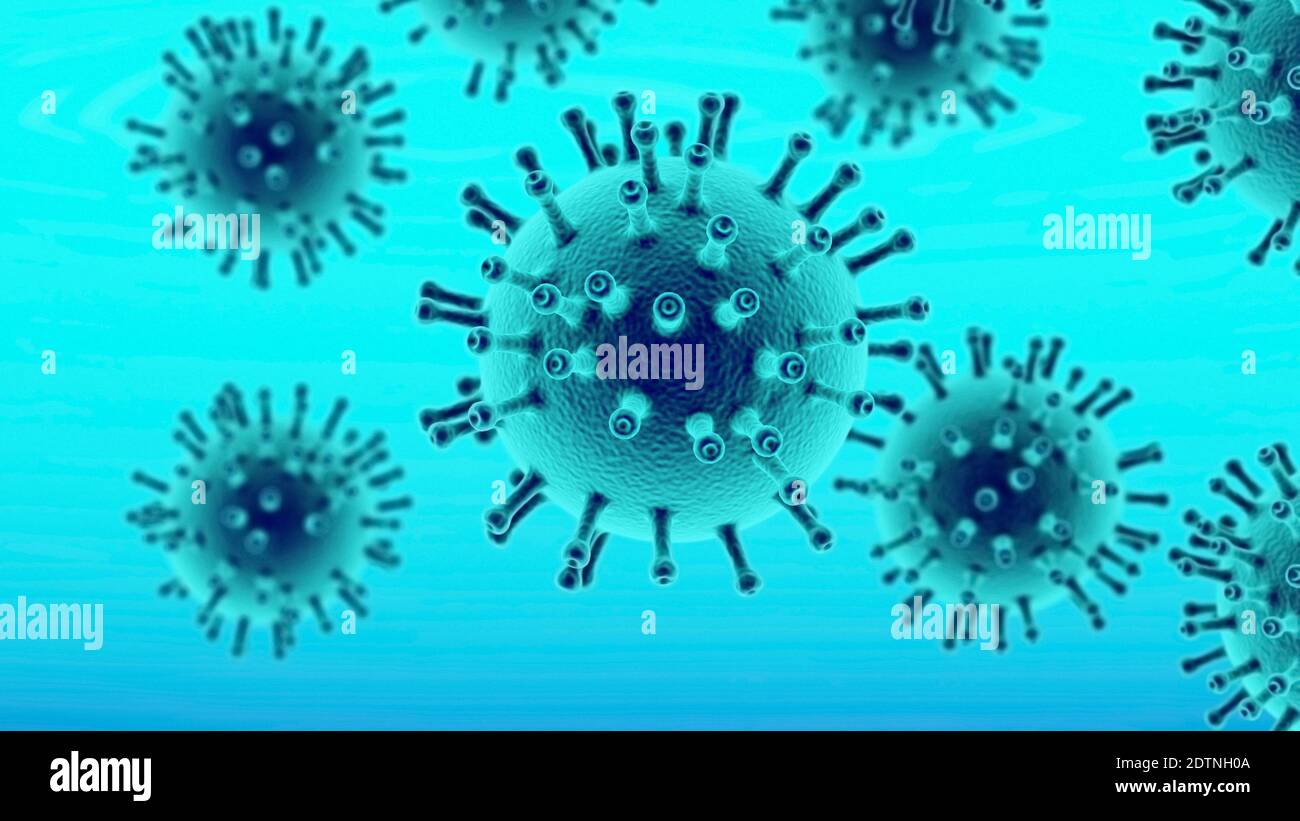 Covid 19 concetto di coronavirus. Microbiologia medica di base. Contesto pandemico globale. Pandemia, influenza, concetto di medicina corona. Foto Stock
