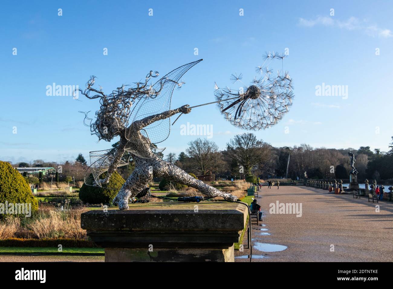 Scultura a filo di orologio di fata e dente di leone in Trentham Gardens, Stoke on Trent Foto Stock