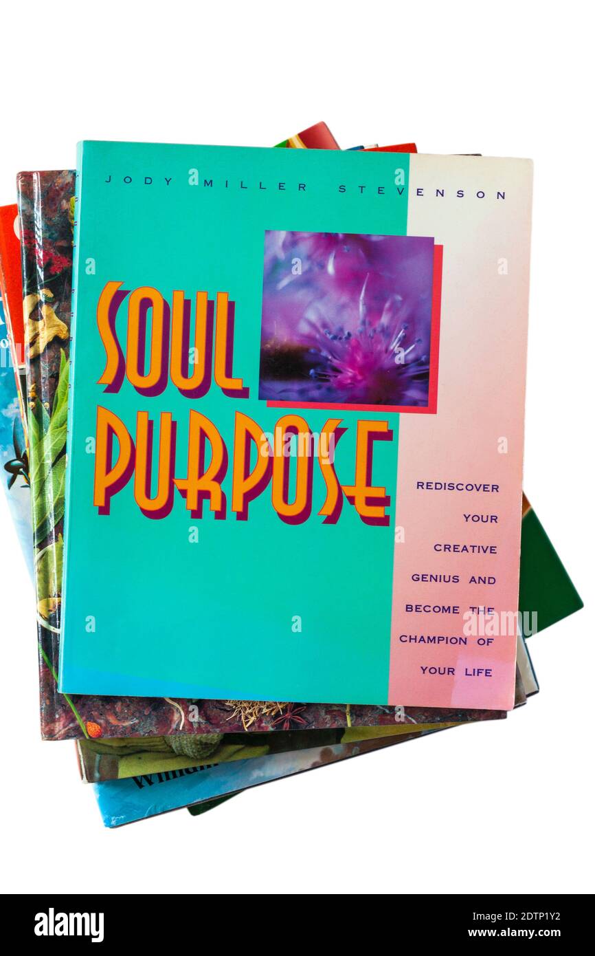 Un mucchio di libri con Soul Purpose Book, riscopri il tuo genio creativo e diventa il campione della tua vita, in cima su sfondo bianco Foto Stock