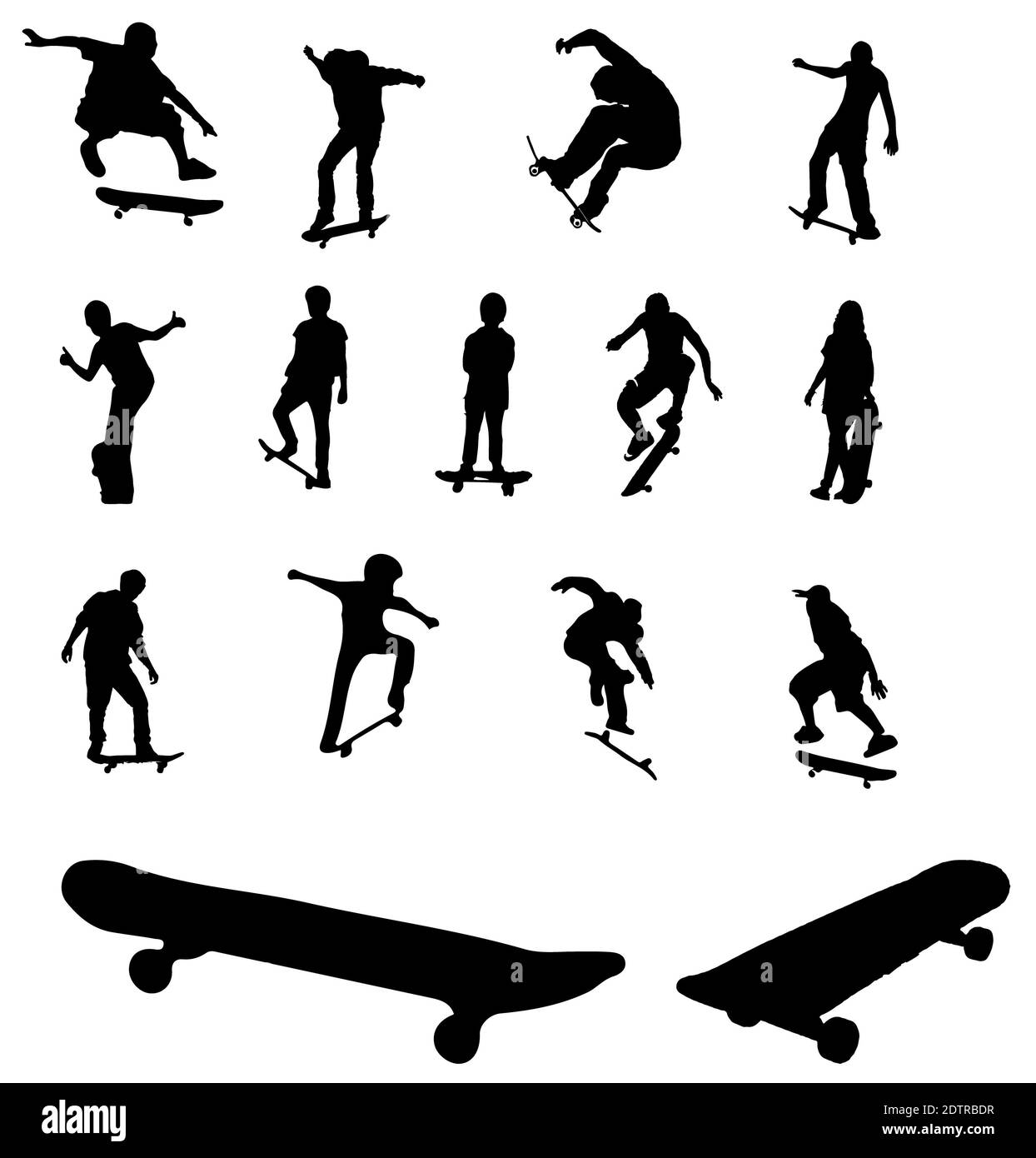 Una serie di silhouette di skateboarder isolate su un bianco sfondo Foto Stock