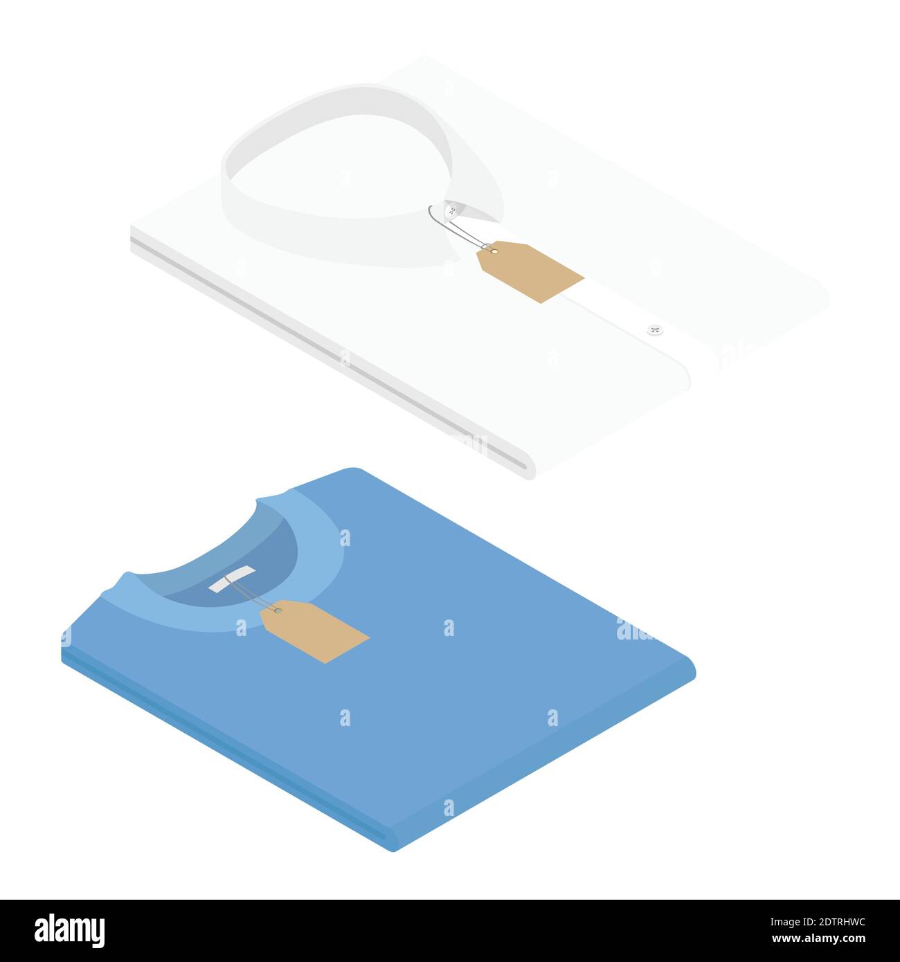Maglietta bianca piegata e t-shirt blu con etichette di prezzo isolate su sfondo bianco. Vista isometrica. Vettore Illustrazione Vettoriale