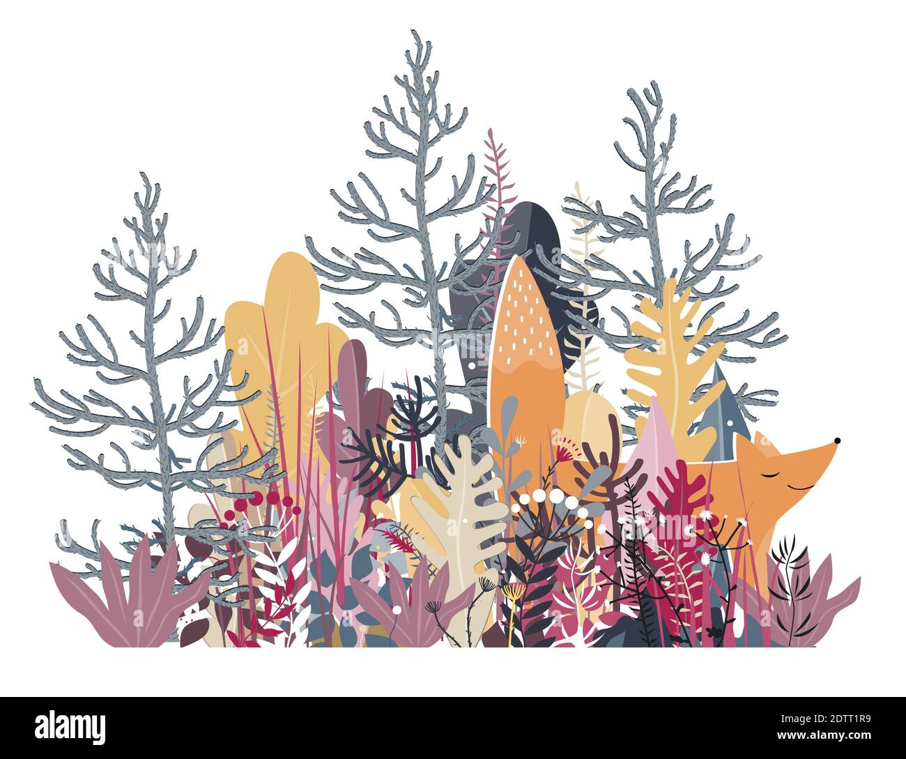 Carino volpe rossa sorridente che cammina nei boschi, illustrazione vettoriale. Illustrazione per bambini, disegno di animali selvatici, sfondo autunnale disegnato a mano con colori vivaci Illustrazione Vettoriale