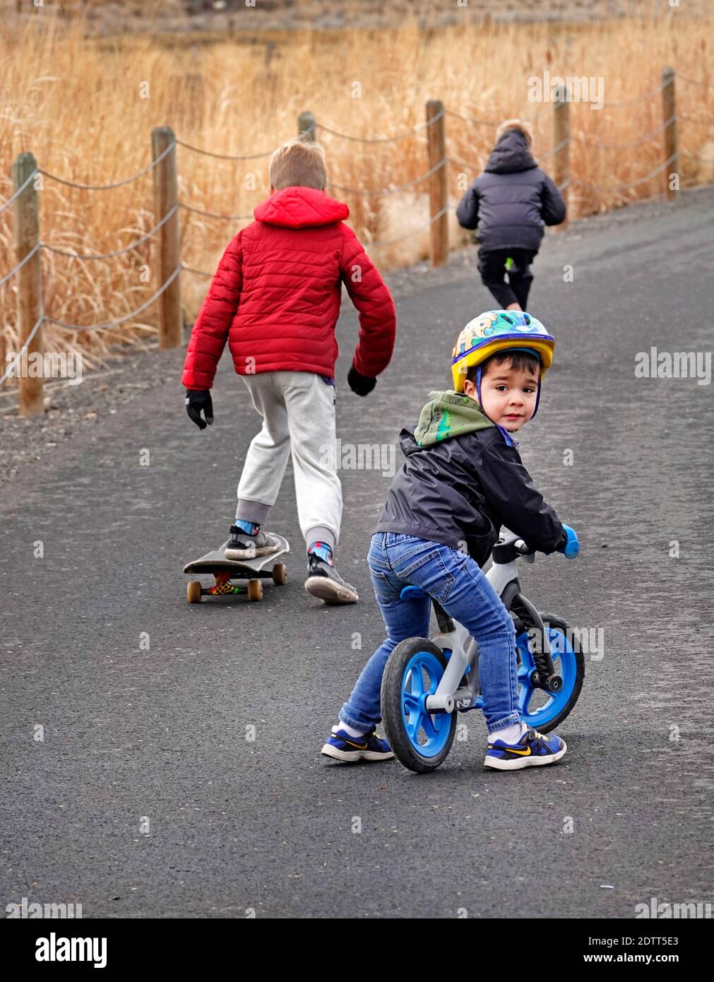 I bambini piccoli cavalcano e patteggiano e si imbarchano lungo un percorso lastricato in un ambiente rurale nel centro dell'Oregon. Foto Stock