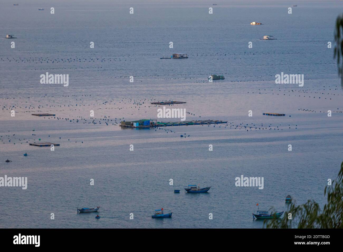 Bella foto ofoyster fattoria e le barche durante il tramonto - vista dal promontorio Cam Lap - isola in Cam Ranh, Vietnam. Khanh Hoa provincia, Cam Ranh Bay Foto Stock
