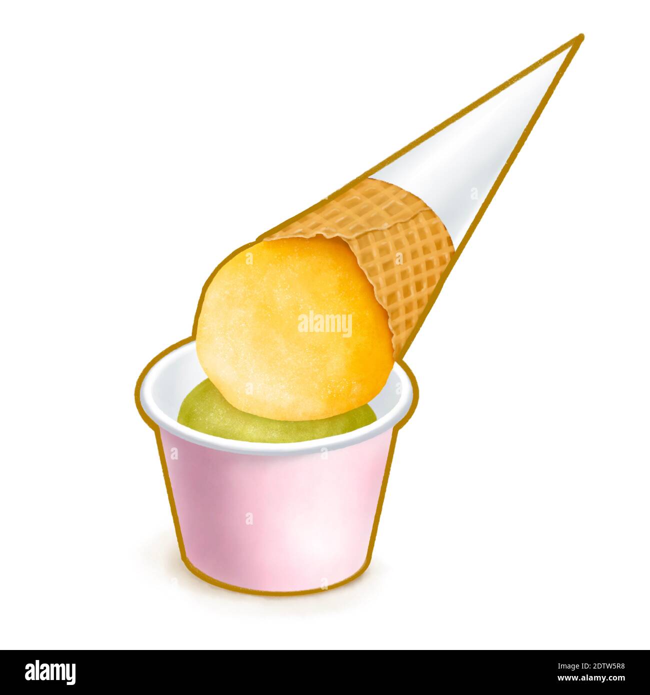 La pittura digitale della deliziosa tazza di gelato del tè verde in tazza di carta con crema di mango gelato cialda di cialda di cono, surgelato dessert cibo isometrico icona r Foto Stock