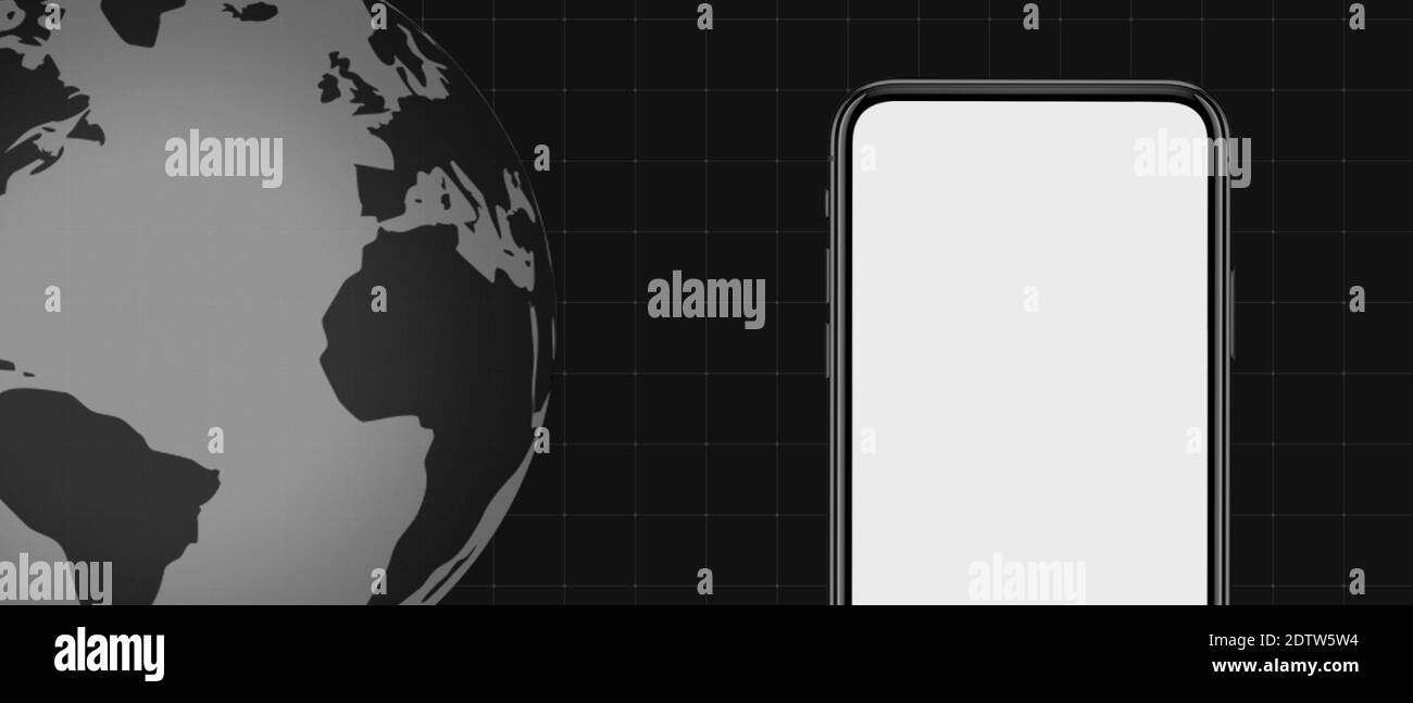 Modello, mockup per le ultime notizie su TV, video, giornali online e riviste. CopySpace per inserire immagini e testo. Sfondo nero scuro e globo con schermo dello smartphone. Foto Stock