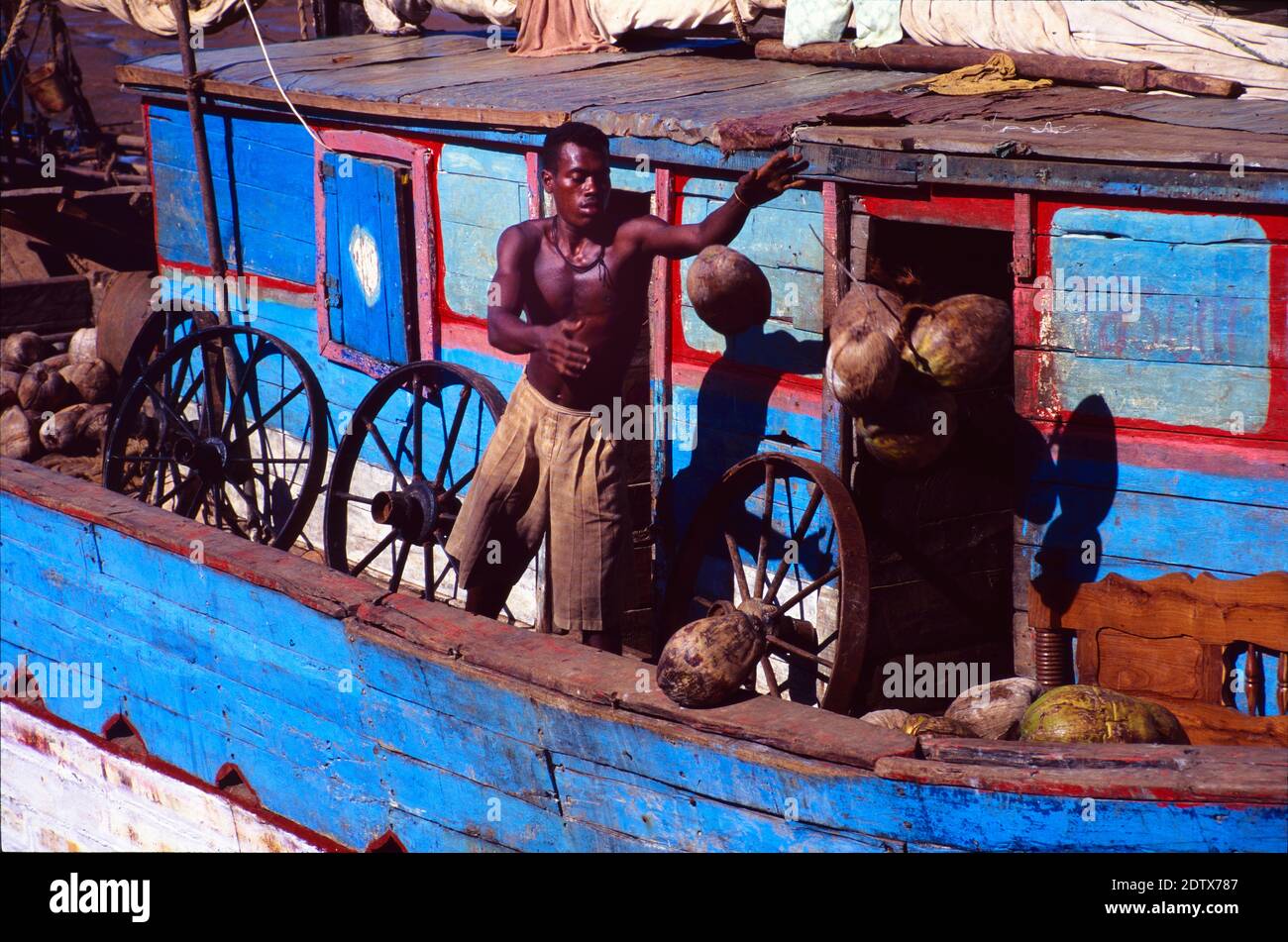 Operaio o portatore che scaricano le noci di cocco dal colorato dhow di legno o chiatta nel porto o porto di Mahajanga, ex Majunga, un porto marittimo nel Madagascar nord-occidentale Foto Stock