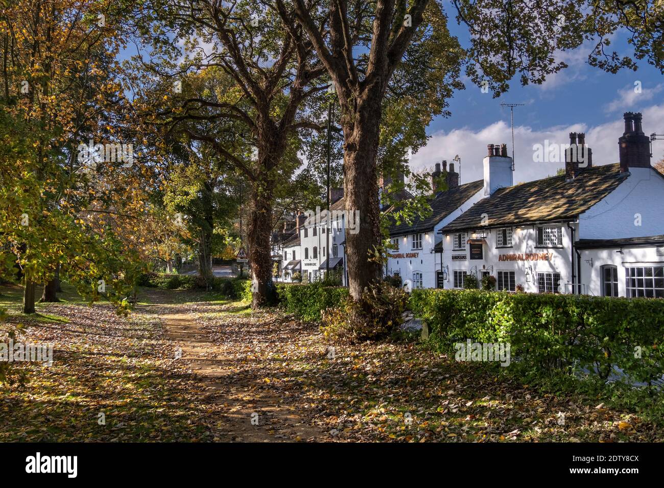 Prestbury Village in autunno da Parrott's Field, Prestbury, Cheshire, Inghilterra, Regno Unito Foto Stock