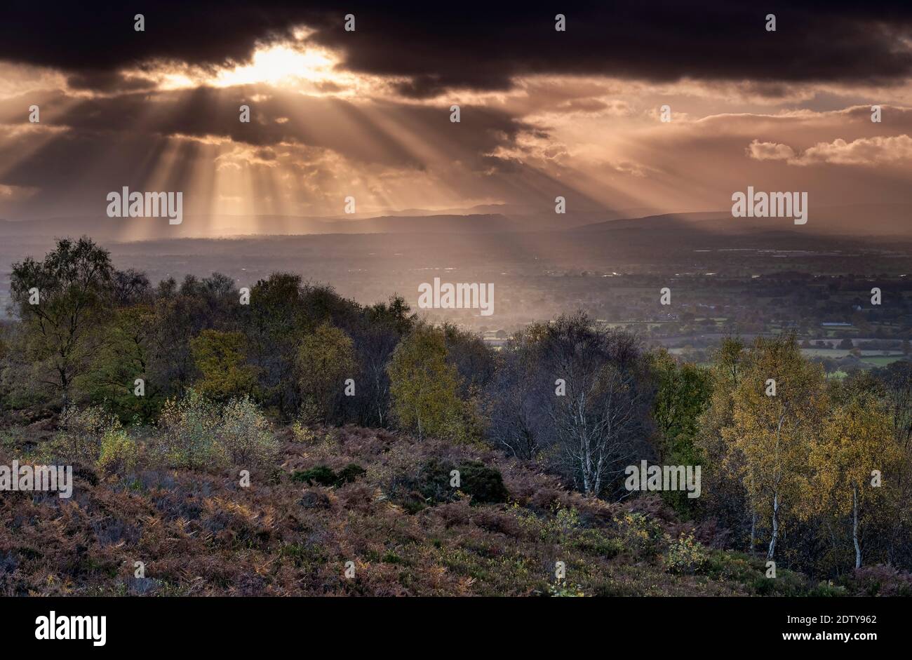 Sunburst sulla pianura di Cheshire da Bickerton Hill in autunno, Bickerton Hill, Cheshire, Inghilterra, Regno Unito Foto Stock