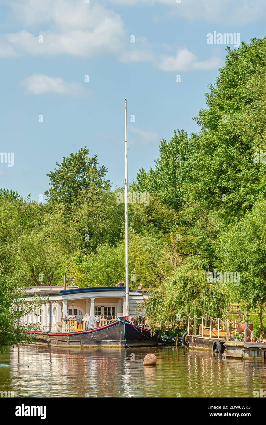 Houseboat ormeggiato sul fiume Tamigi a sud di Oxford, Inghilterra Foto Stock