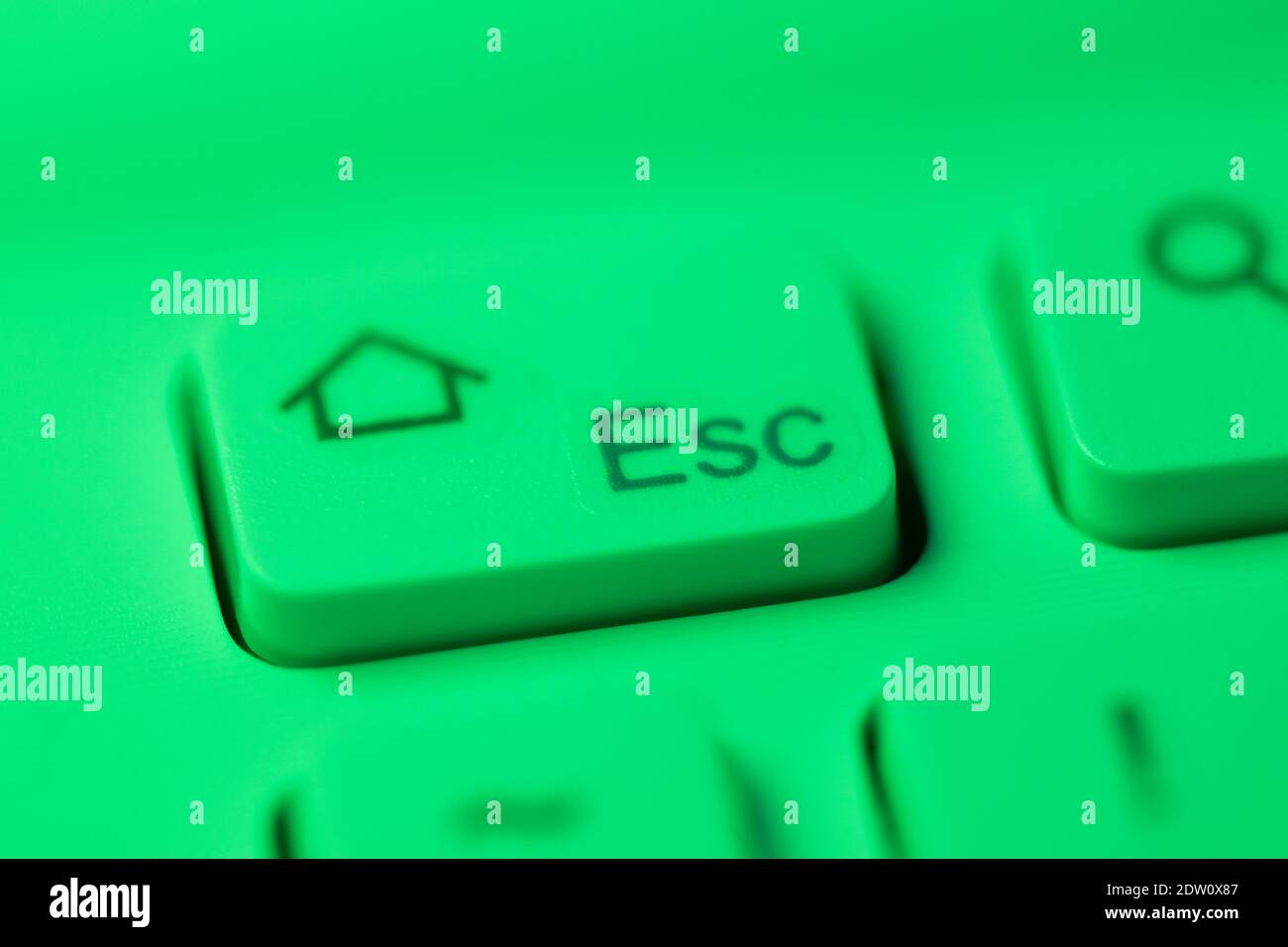 Primo piano di un tasto di uscita evidenziato in verde una tastiera del computer Foto Stock