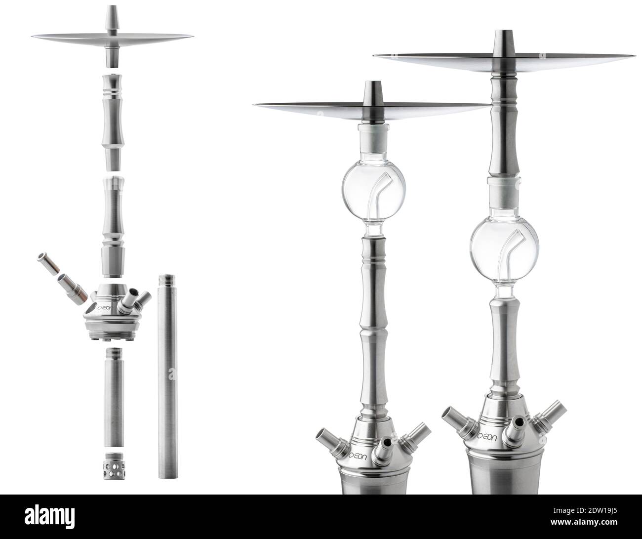 Parti metalliche isolate e separate o non montate di un moderno Gancio di Eon in acciaio inox Foto Stock