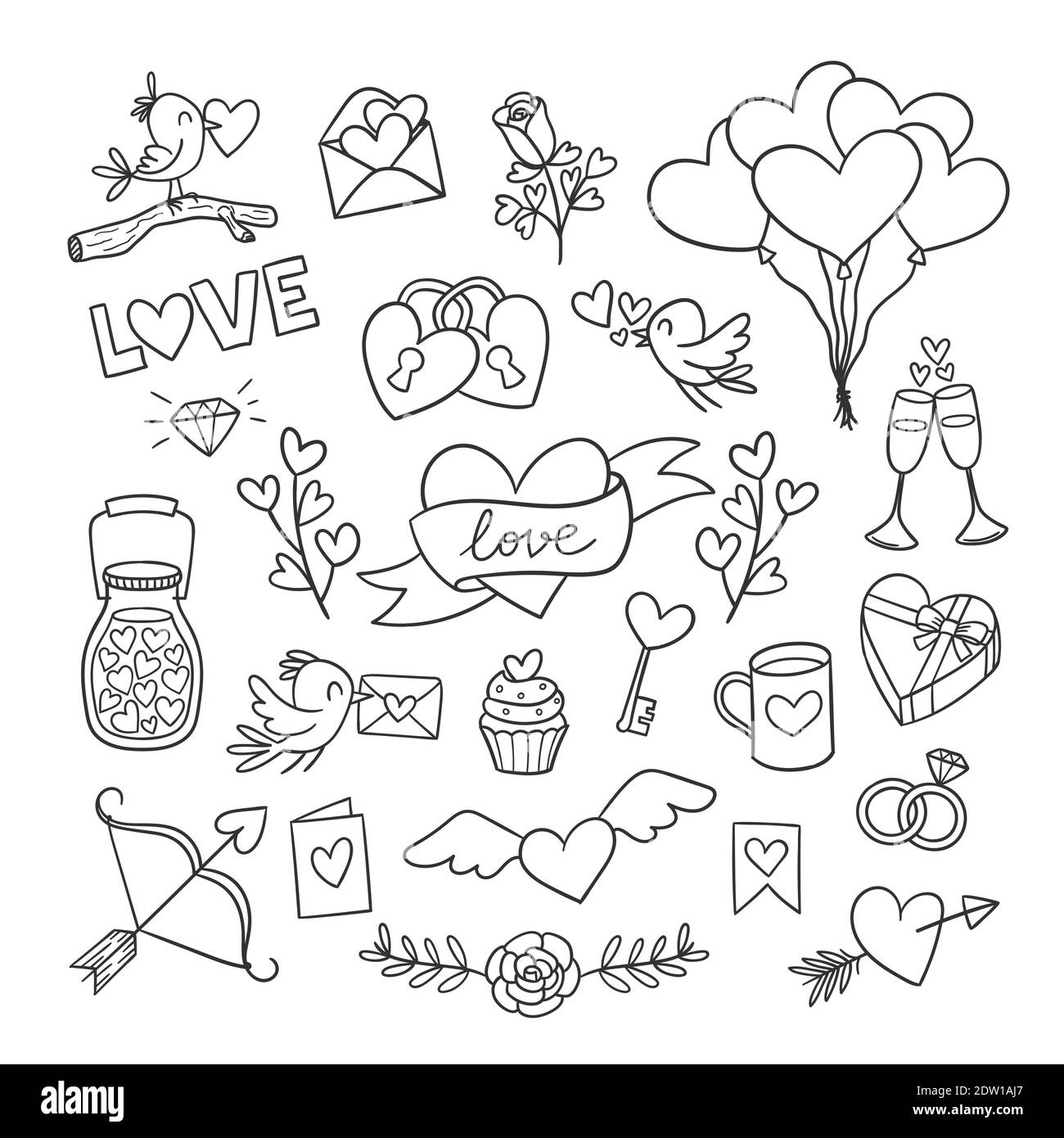 Set di graziosi elementi di doodle di San Valentino. Cuori, fiori, uccelli, palloncini e molto altro. Illustrazione vettoriale per il progetto. Illustrazione Vettoriale