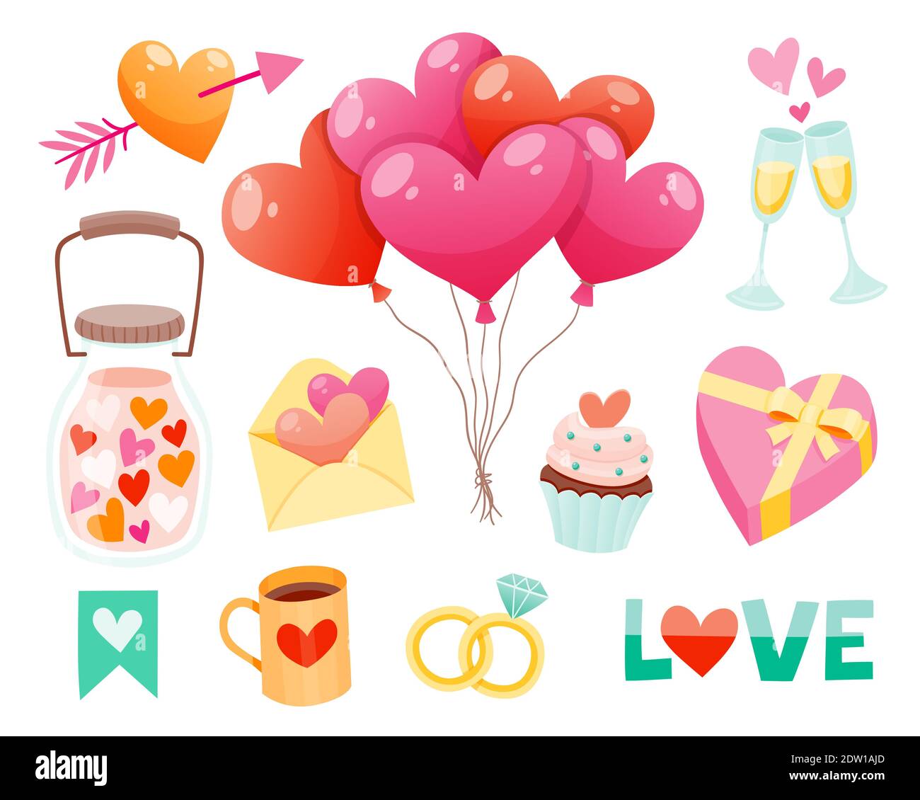 Modello di sfondo per la celebrazione di San Valentino. Oggetti isolati per San Valentino. Simpatici uccelli, cuori, dolci, regali e molto altro. EPS10 Vector Illustra Illustrazione Vettoriale