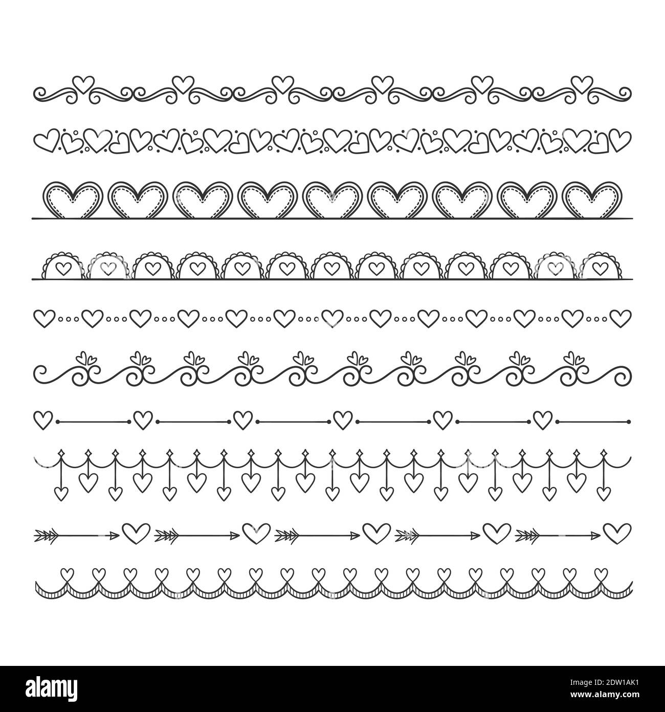 Collezione di graziosi bordi vintage disegnati a mano. Perfetto per biglietti d'invito per San Valentino e la decorazione della pagina. Illustrazione vettoriale. Illustrazione Vettoriale
