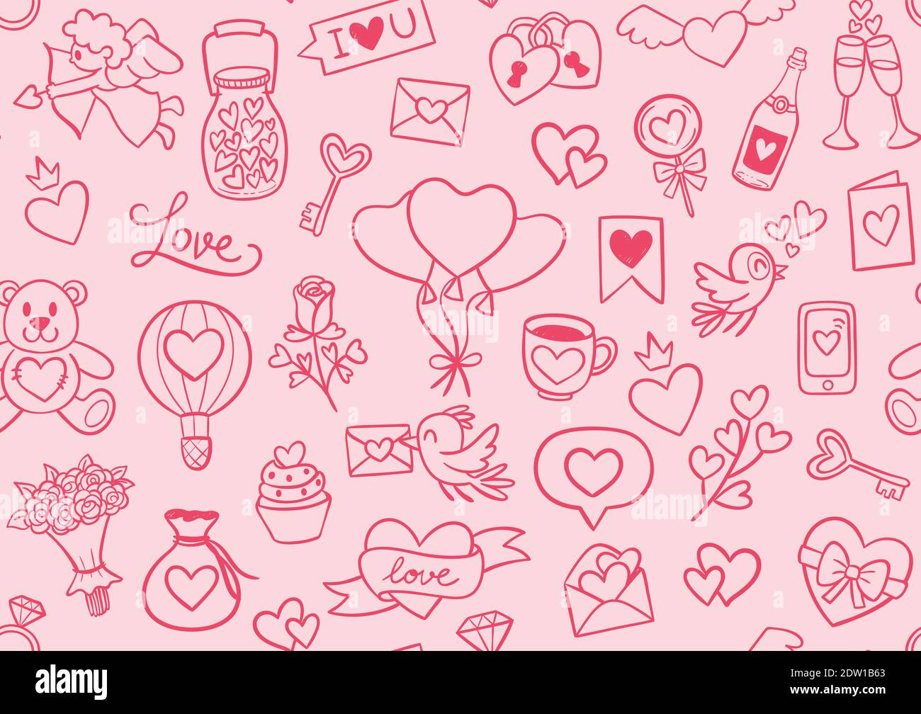 Motivo senza giunture per San Valentino disegnato a mano. Carino collezione di elementi doodle. Splendido sfondo rosa. Illustrazione vettoriale. Illustrazione Vettoriale