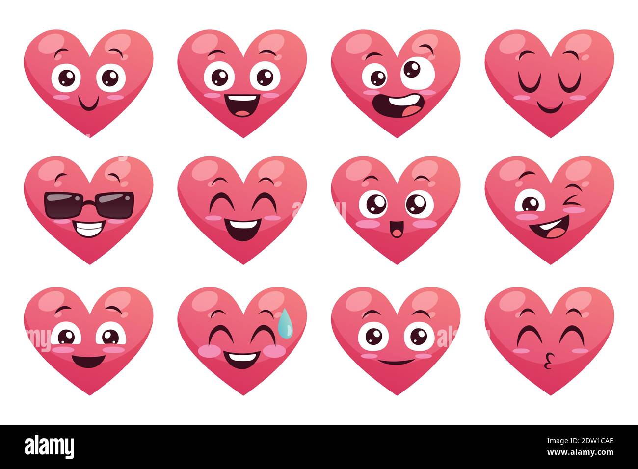 Raccolta di divertenti emoticon cardiache isolate su sfondo bianco. Stile cartone animato. Illustrazione del vettore EPS 10. Illustrazione Vettoriale