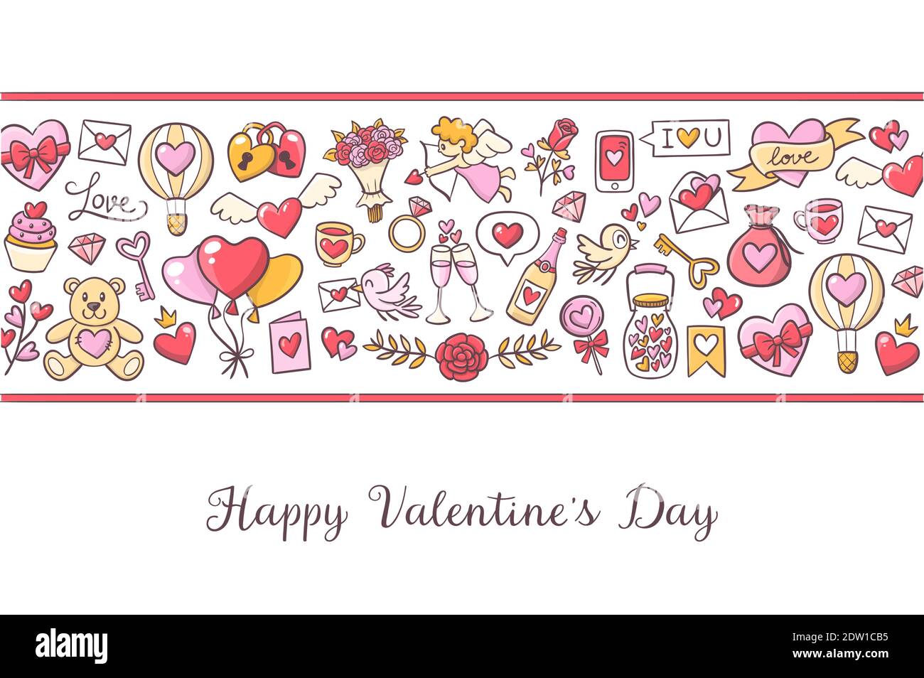 Modello di sfondo per la festa di San Valentino con elementi e titolo incantevoli. Collezione di oggetti isolati Love Celebration. Carino uccelli, cuore Illustrazione Vettoriale