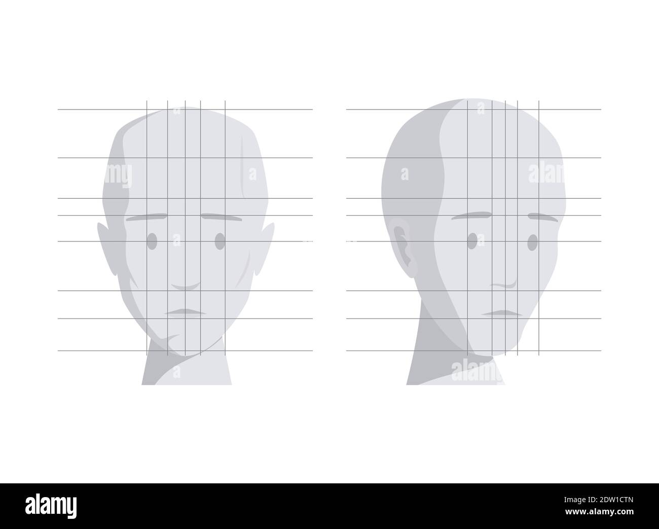 Modello di testa umana in angoli diversi vettore immagine piatta isolato su sfondo bianco. Volto umano, grafico facciale con proporzioni per disegnare l'apprendimento. Proporzioni ideali di viso e testa. Illustrazione Vettoriale