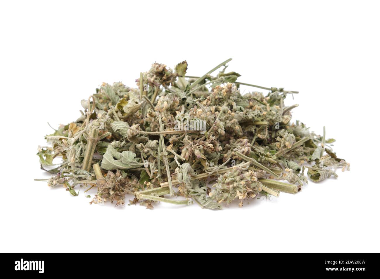 Pelo di erbe di melissa essiccato. Cumulo secco di piante di balsamo di limone su bianco. Medicina alternativa. Foto Stock