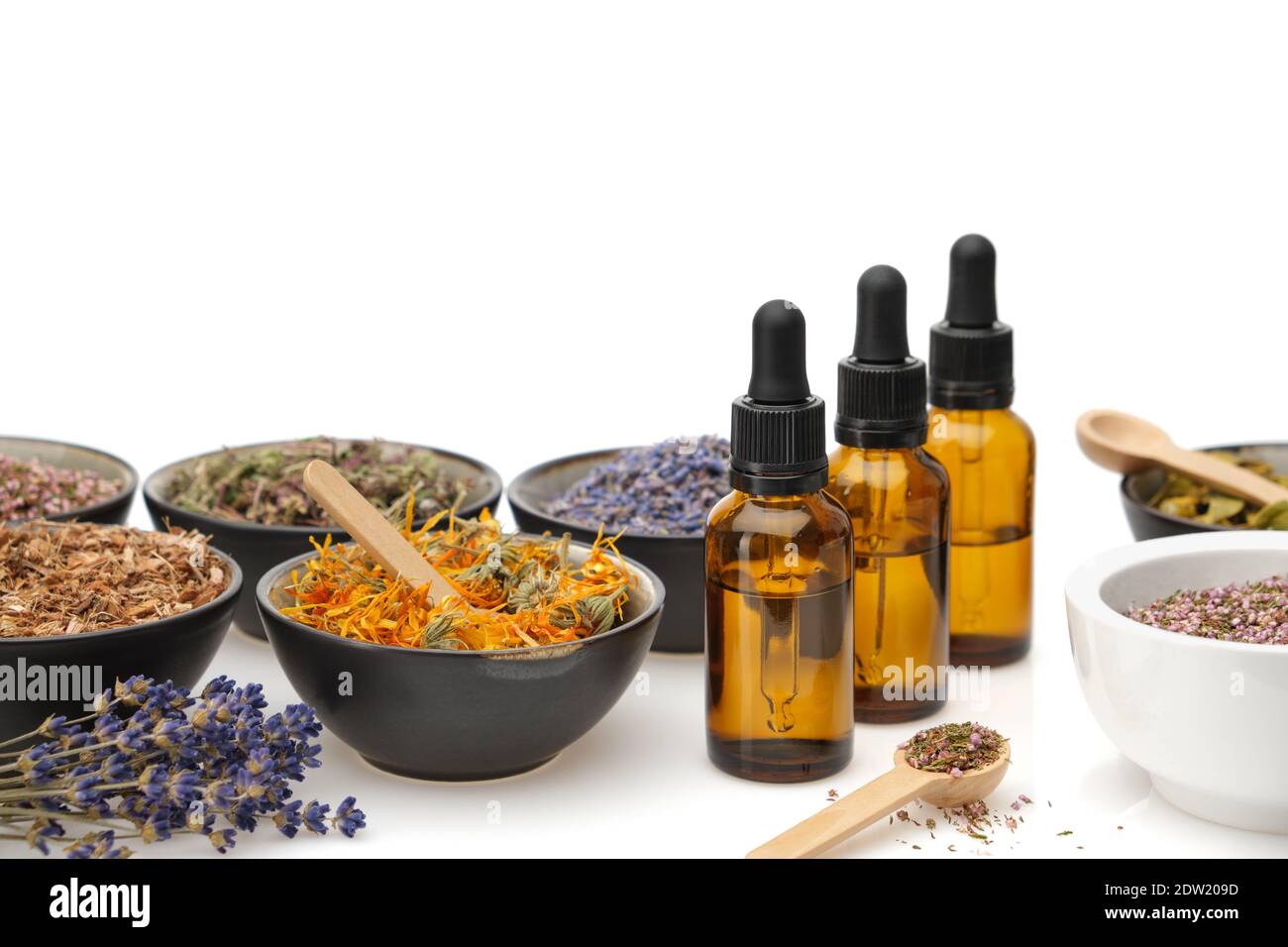 Flaconi contagocce di olio essenziale e contenitori riempiti di erbe medicinali asciutte su bianco. Medicina alternativa. Foto Stock