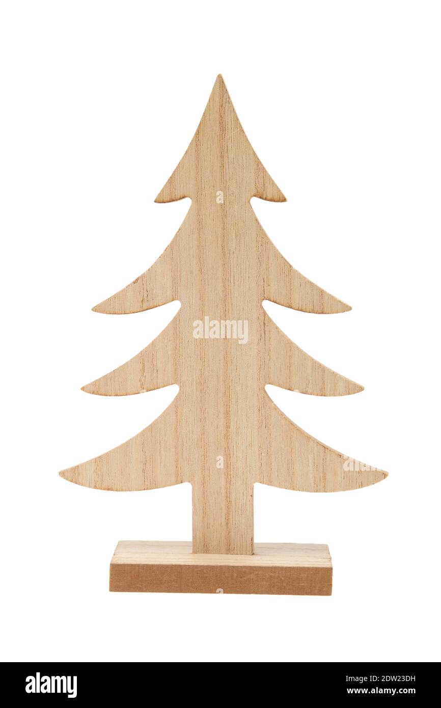 Albero di Natale in legno isolato su sfondo bianco. Foto Stock