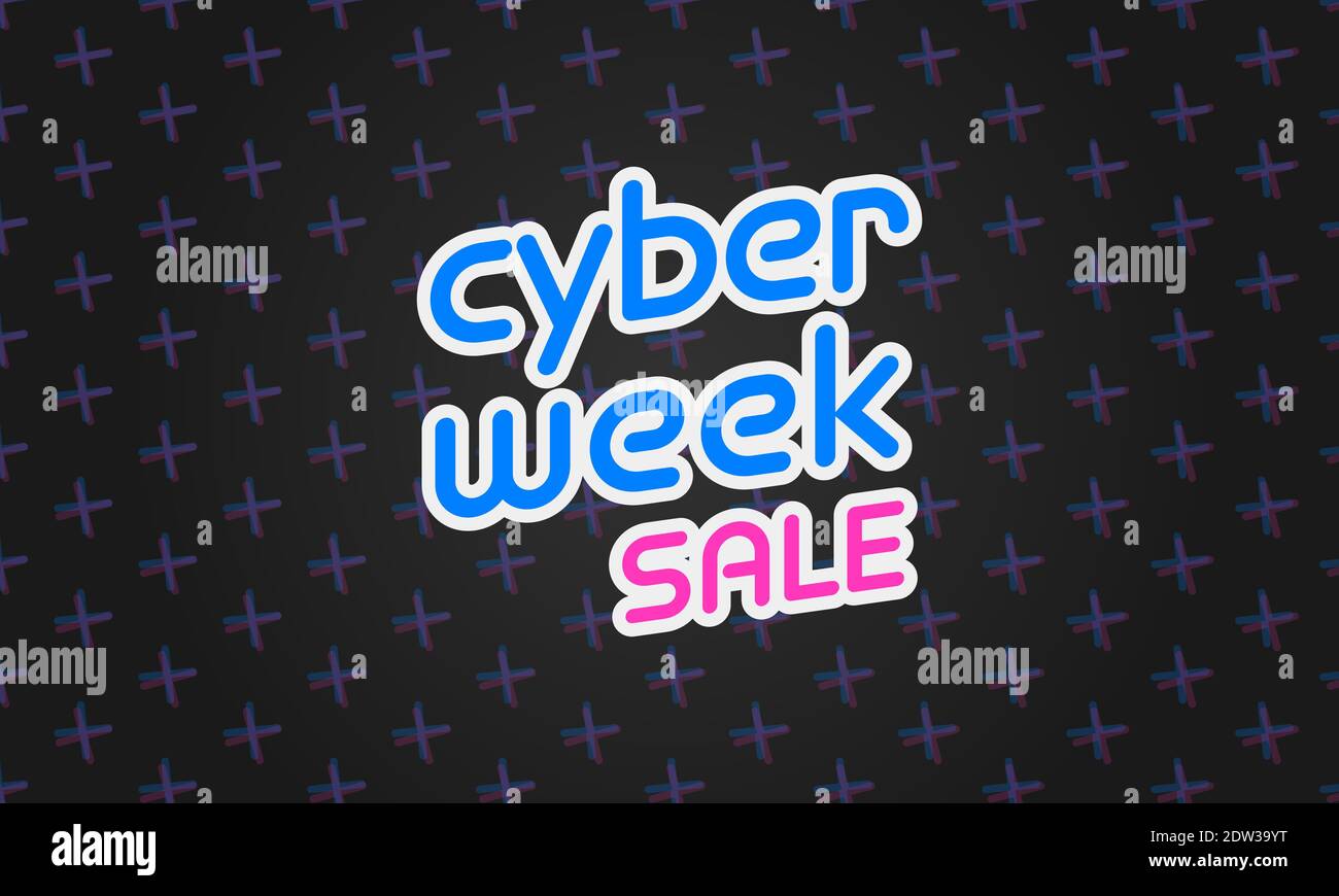 Vendita Cyber Week in blu e rosa caldo su segni di tratteggio offset astratti. Illustrazione Vettoriale