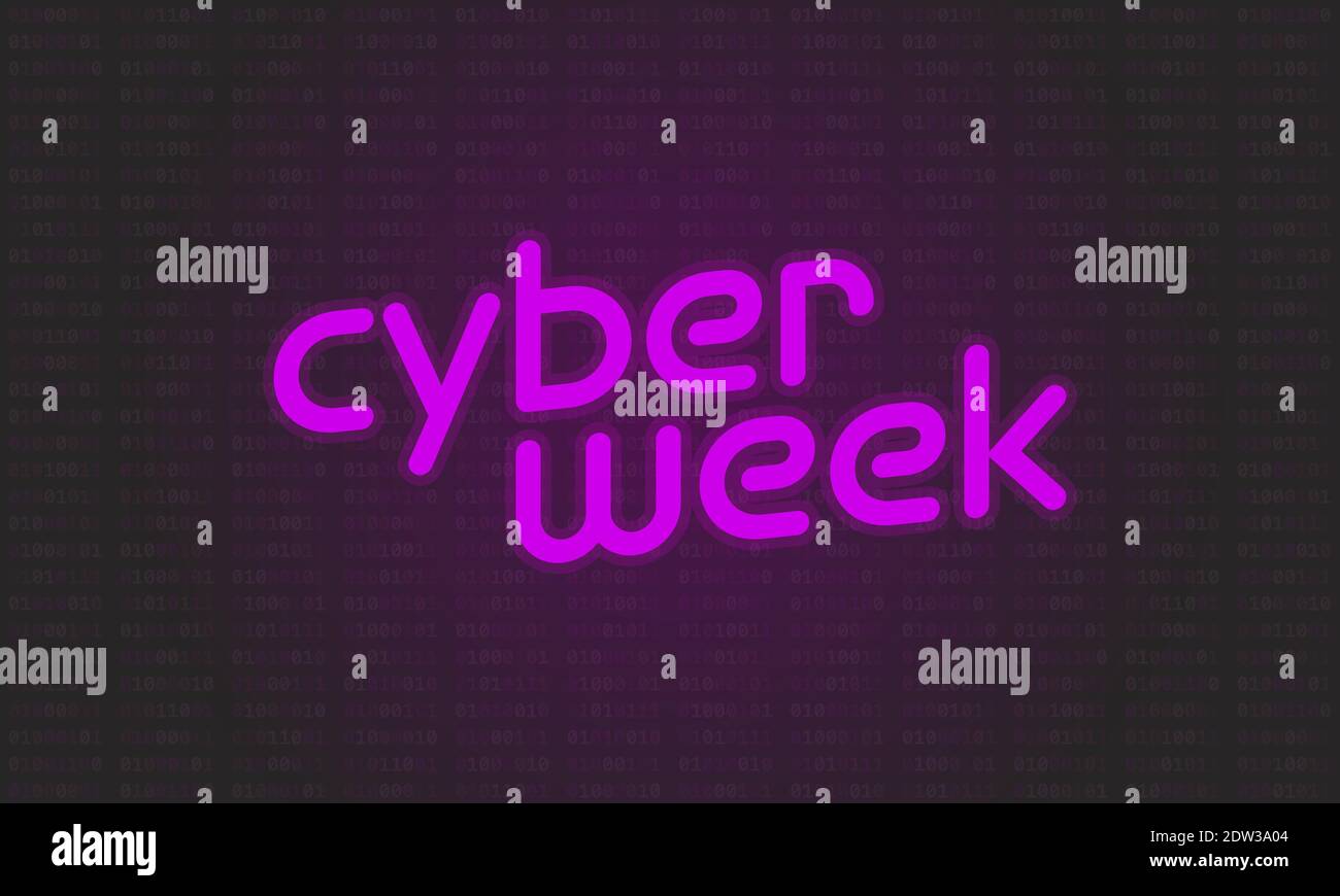 Cyber Week color rosa acceso su un sottile sfondo di codice binario. Ideale per la promozione dello shopping nei social media o nelle schede web. Illustrazione Vettoriale