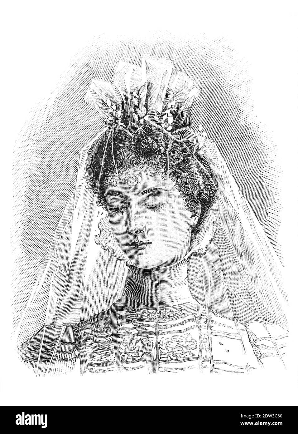 Sposa che indossa un abito da sposa. Incisione d'epoca di ca. 1900 Foto Stock