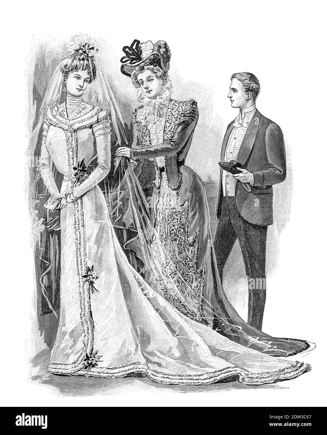Sposa e sposo. Scena di nozze. Incisione d'epoca di ca. 1900 Foto Stock
