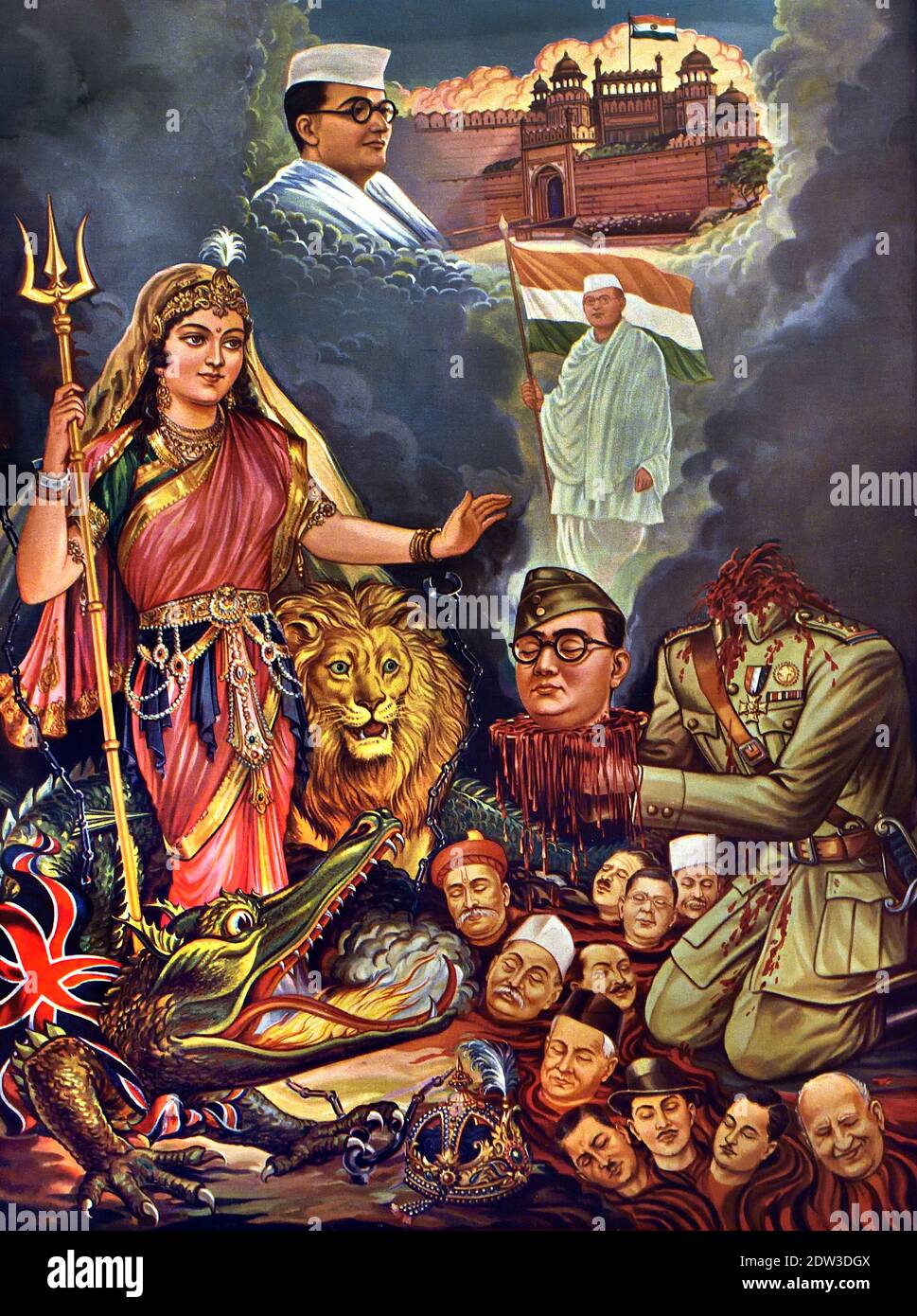 La stampa ritrae i combattenti caduti per la libertà e il sacrificio di Subhash Chandra Bose 1897 - 1945 ( Bose offre la testa a madre India che è personificata come una Dea, India, indiana, ( Subhas Chandra Bose era un combattente indiano per la libertà e una delle cause alla libertà indiana. ) Foto Stock