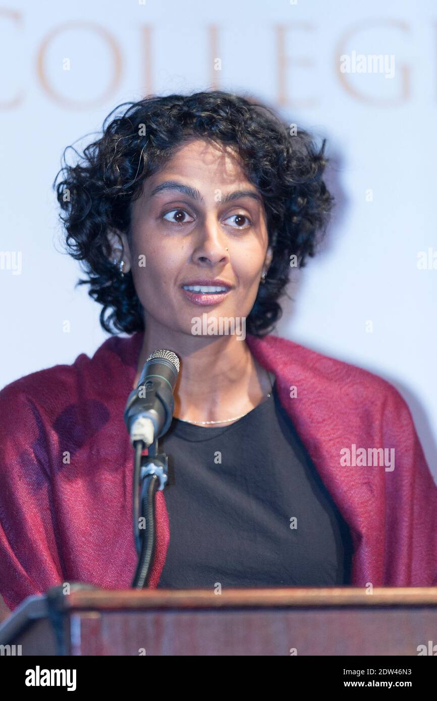 Brinda Sarathy, professore associato di analisi ambientale presso il Pitzer College, è stato visto durante una conferenza stampa del Pitzer College e del Trustee Robert Redford sul lancio del più completo modello d'azione per la dismissione di combustibili fossili e il clima in Highereducation, a Los Angeles, CA, USA, il 12 aprile 2014. Foto di Julian da Costa/ABACAPRESS.COM Foto Stock