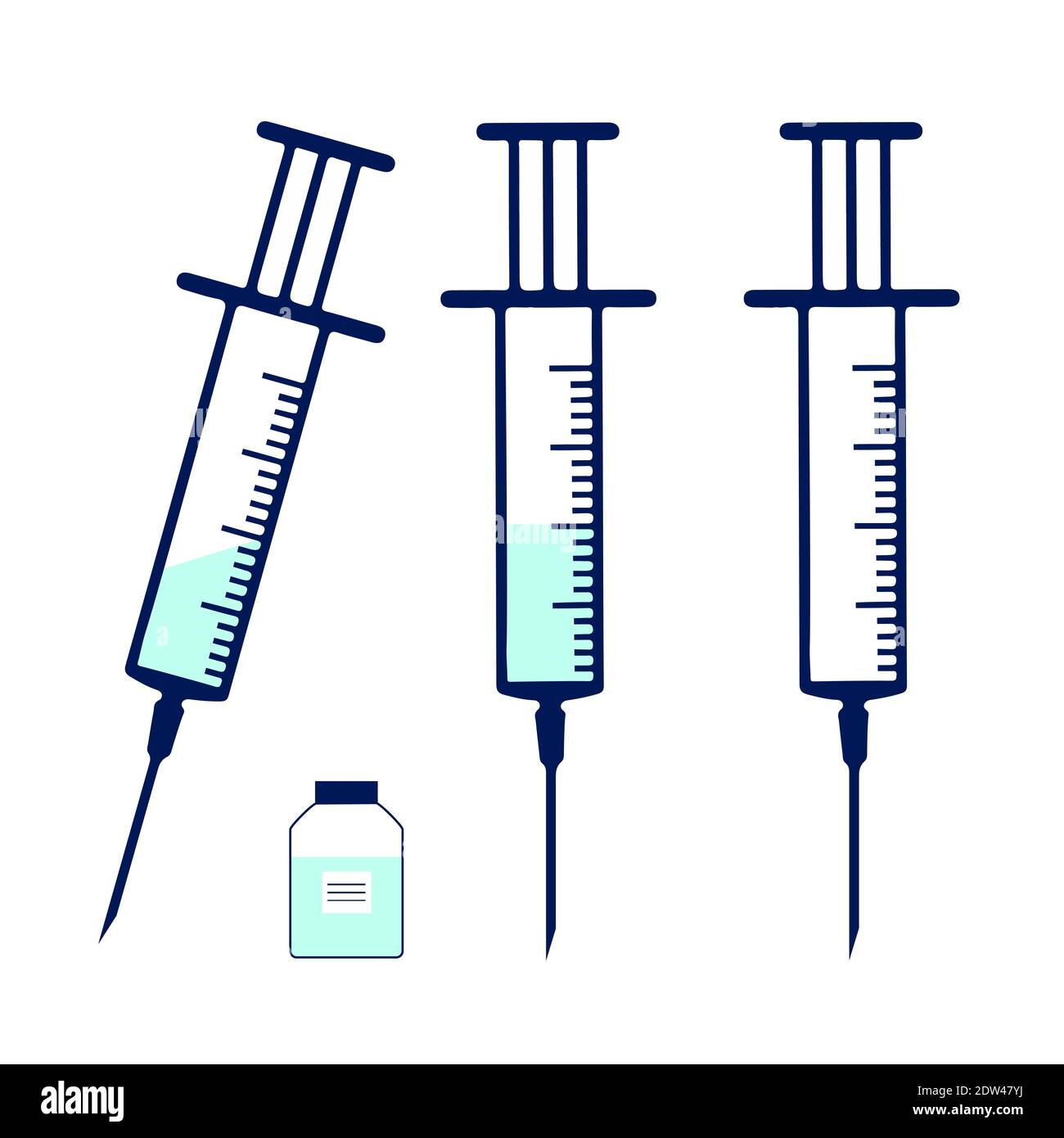 Set di siringhe, una vuota, con liquido, e un flacone di vaccino, a forma di icona piatta, oggetto isolato, isolato su bianco. Illustrazione Vettoriale