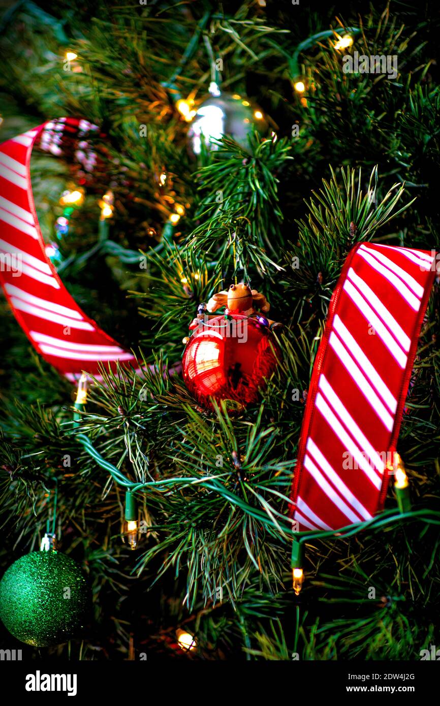 Sfondo delle vacanze con albero di Natale con lampadine e luci Foto Stock