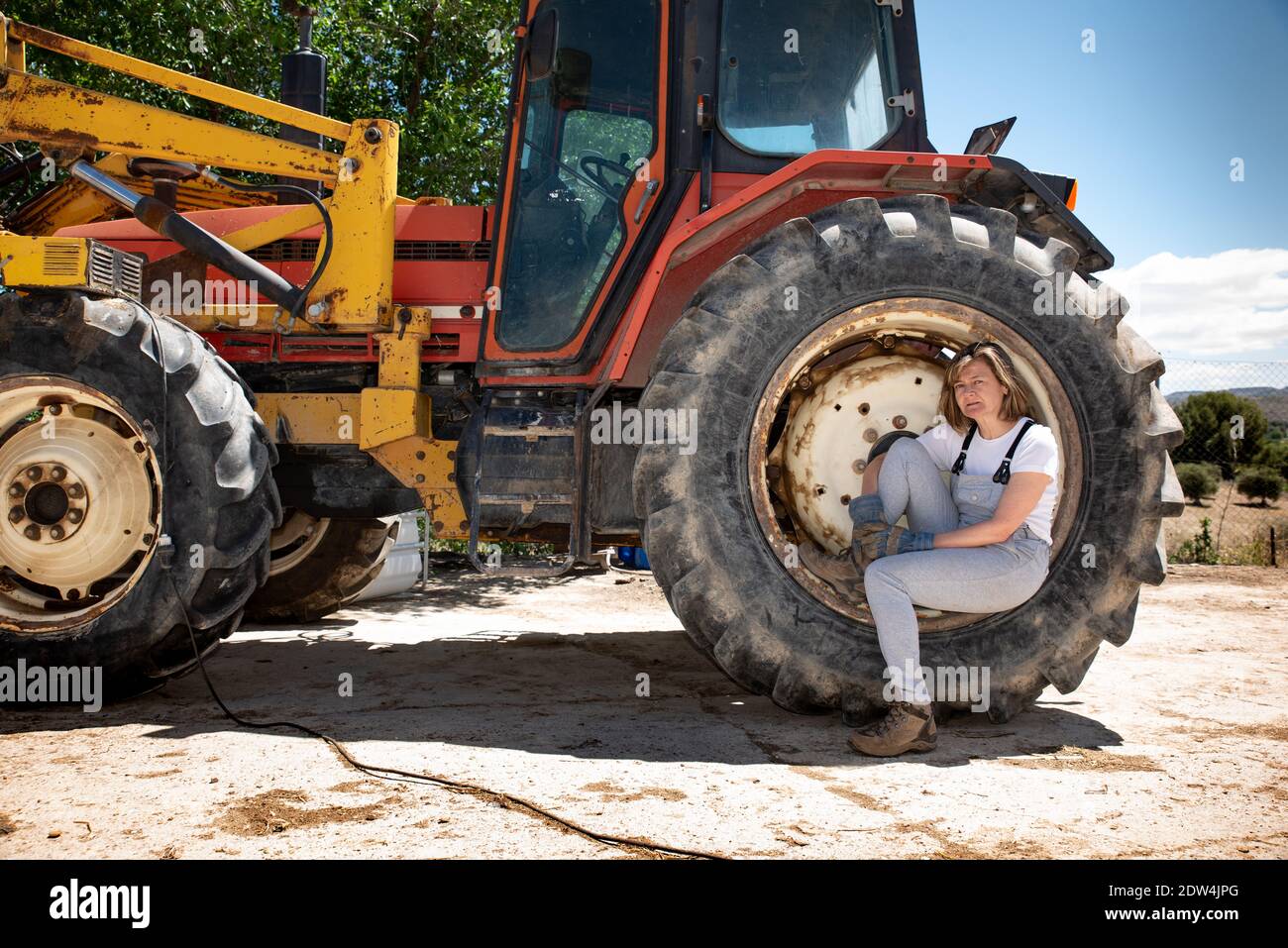 Donna che ripara un camion, meccanico Foto Stock