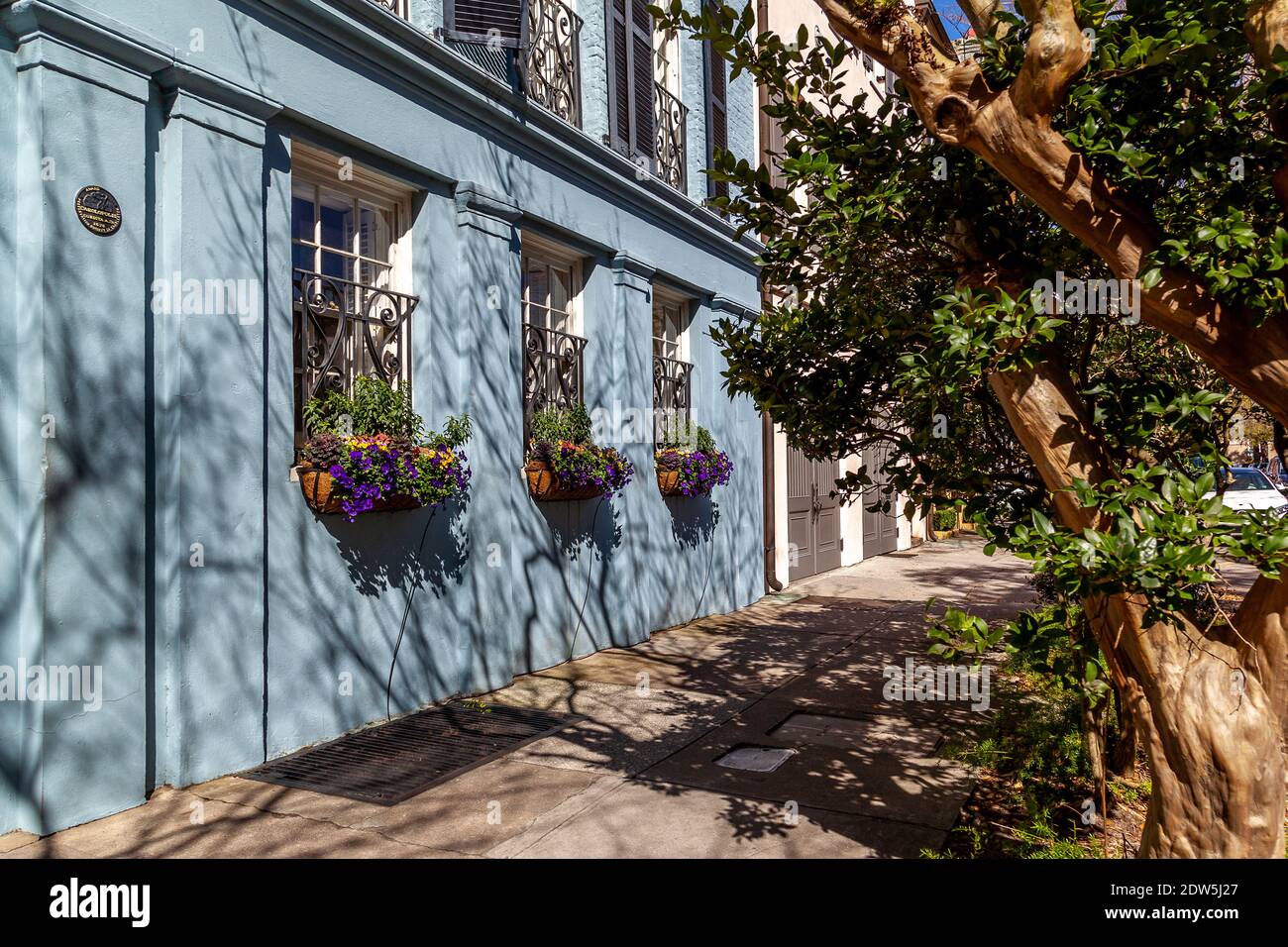 Rainbow Row al mattino, il nome di una serie di tredici colorate case storiche a Charleston, Carolina del Sud. Foto Stock