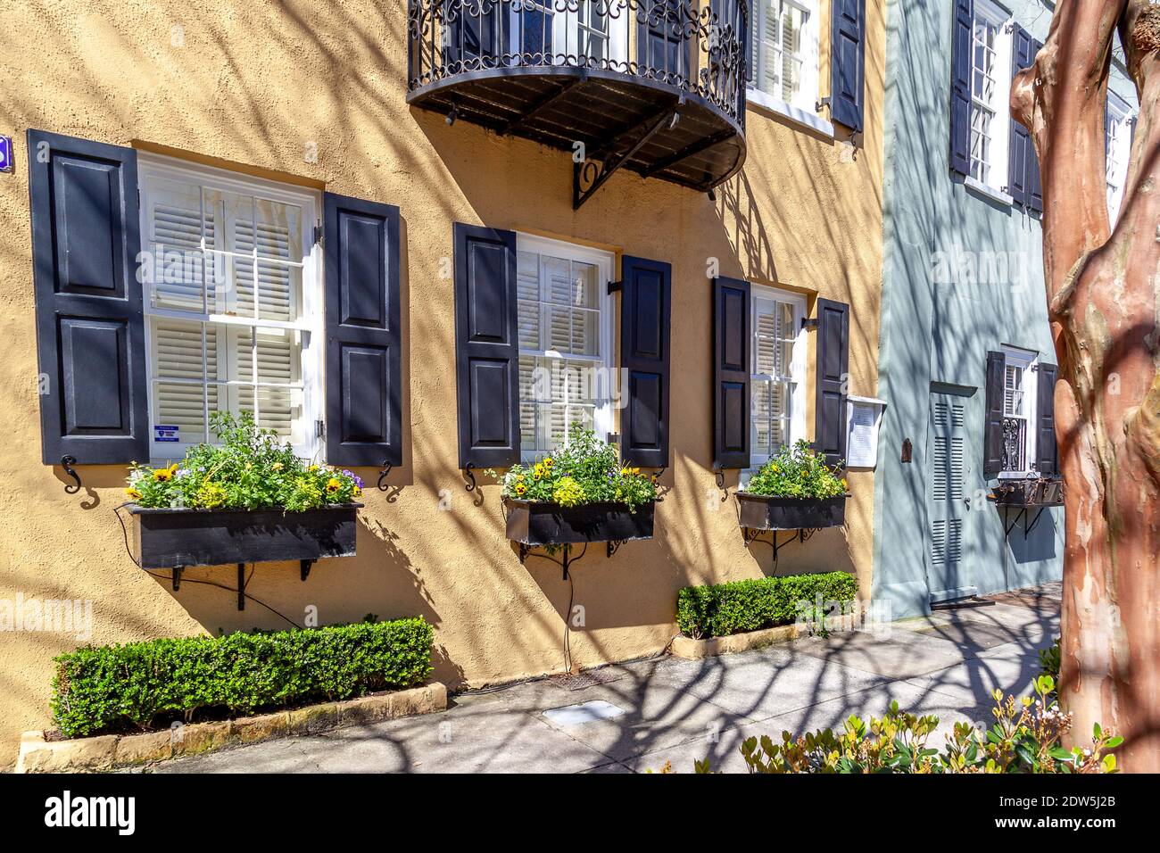 Rainbow Row al mattino, il nome di una serie di tredici colorate case storiche a Charleston, Carolina del Sud. Foto Stock