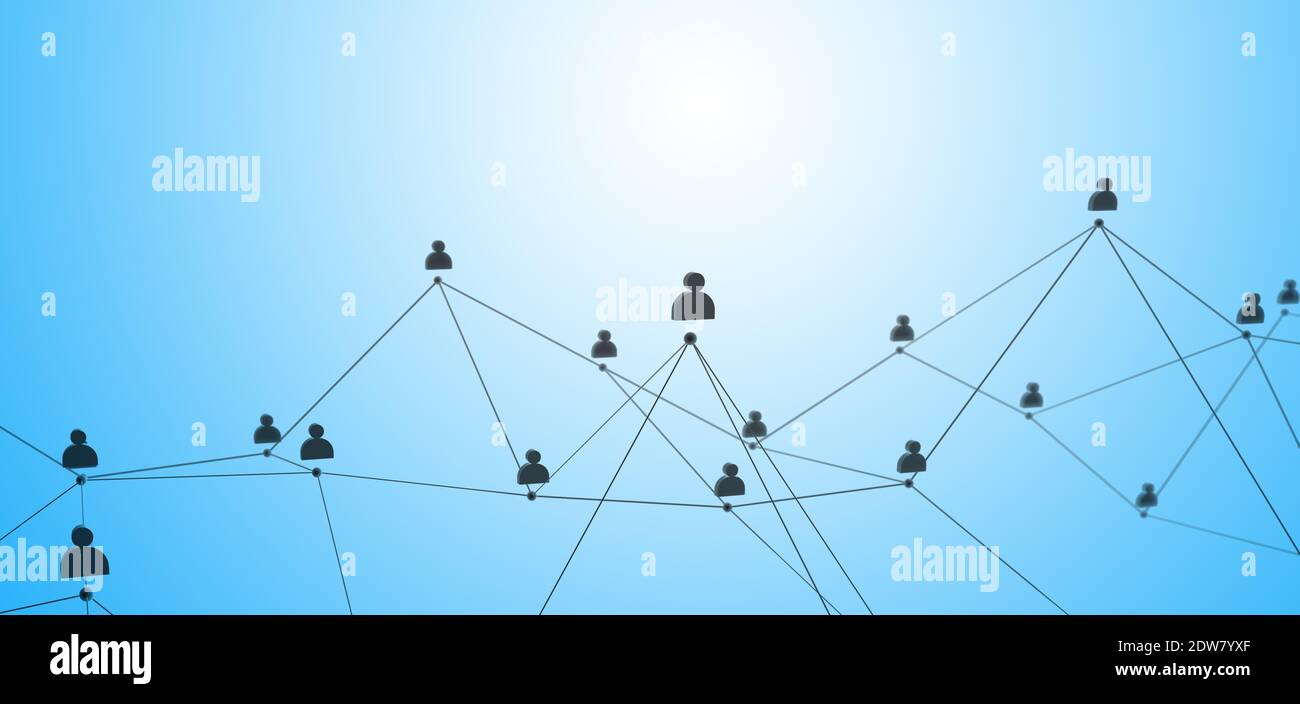 Collegamento sociale o comunicazione aziendale. Rete di contatti su sfondo blu. rendering 3d Foto Stock