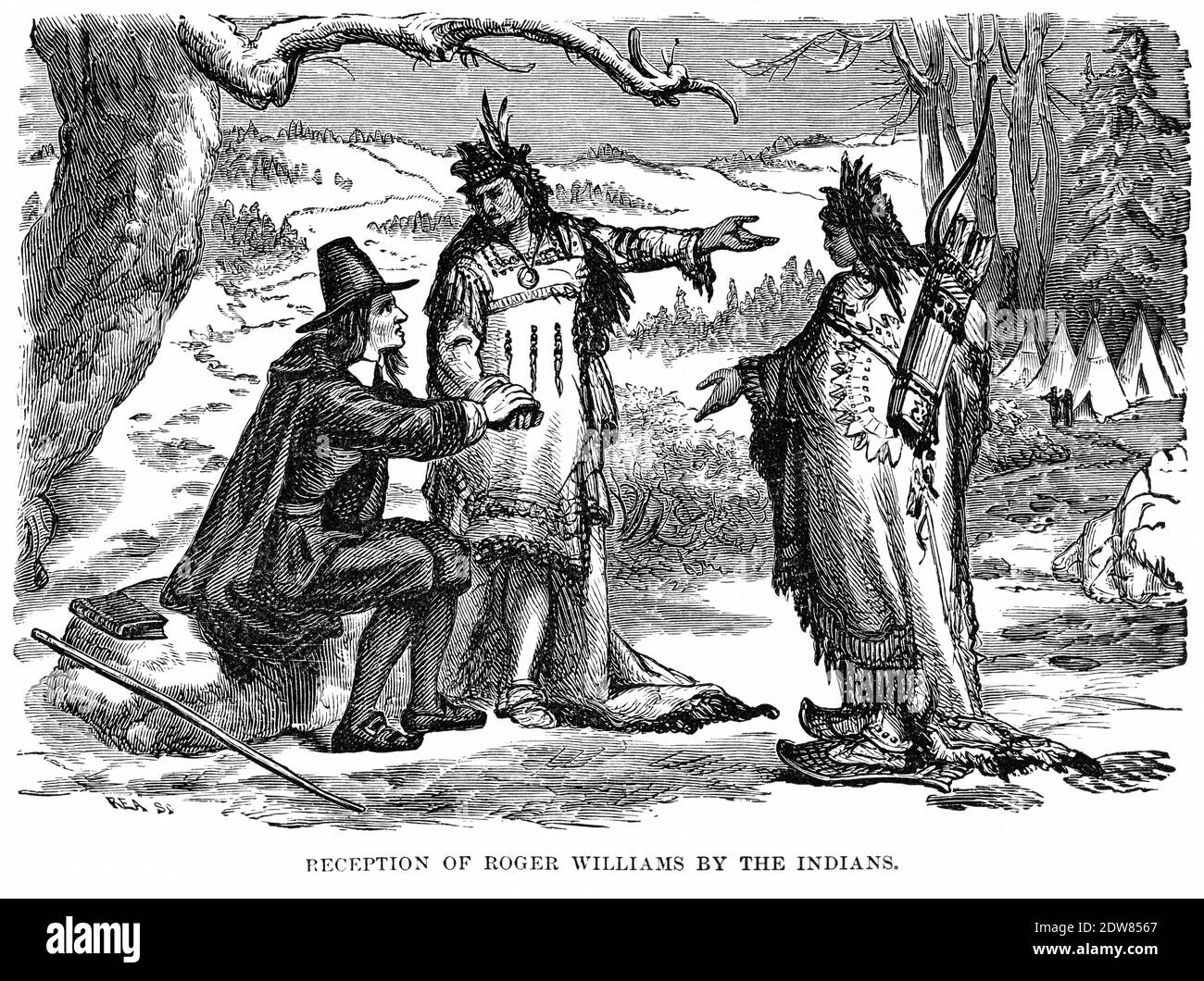 Accoglienza di Roger Williams da parte degli Indiani, Illustrazione, Storia del mondo di Ridpath, Volume III, di John Clark Ridpath, LL. D., Merrill & Baker Publishers, New York, 1897 Foto Stock