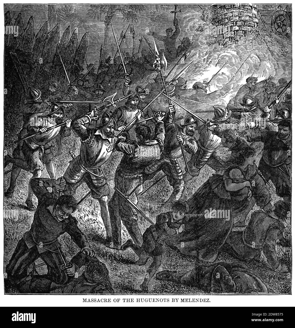 Massacro degli ugonotti di Melendez (Menendez), Illustrazione, Storia del mondo di Ridpath, Volume III, di John Clark Ridpath, LL. D., Merrill & Baker Publishers, New York, 1897 Foto Stock