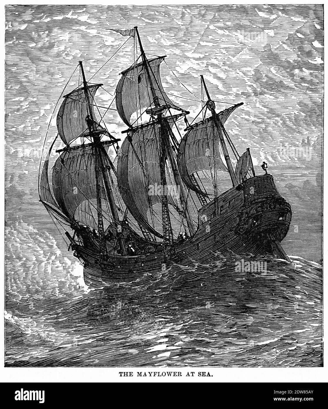 The Mayflower at Sea, Illustration, Ridpath's History of the World, Volume III, di John Clark Ridpath, LL. D., Merrill & Baker Publishers, New York, 1897 Foto Stock